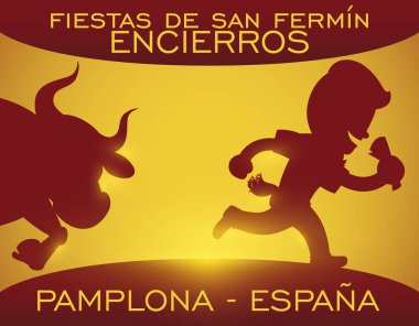 San Fermin için Boğa ve Runner Siluetler ile İspanya Bayrağı, Vektör İllüstrasyon
