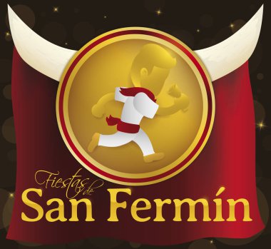 San Fermin için İspanyol Runner, Boynuzlar ve Kumaş ile Madalya, Vektör İllüstrasyon