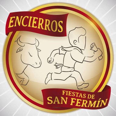 San Fermin, Vektör İllüstrasyon için Kurdeleler ile dekore Boğa ve Runner ile Düğme