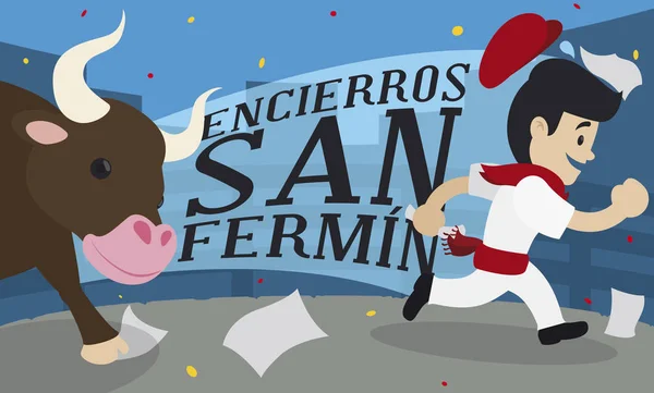 Löpare och tjur som firar traditionella Encierros av San Fermin, vektor illustration — Stock vektor