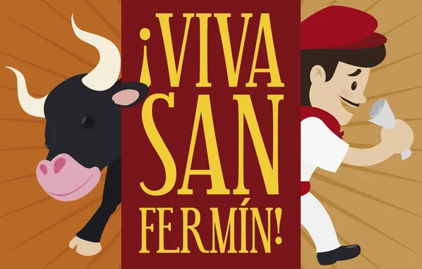 Bull and Runner ready for Spanish Encierros de San Fermin, Vector Illustration — Stock Vector