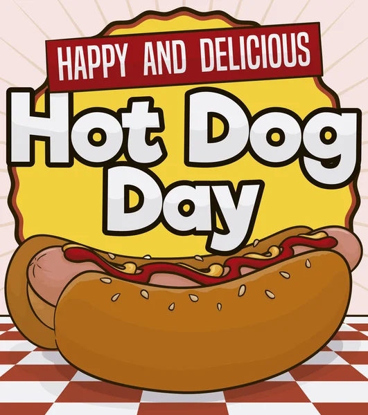 Etikett, bordsduk och läckra prov för hot dog Day händelse, vektor illustration — Stock vektor
