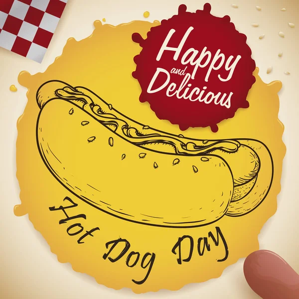 Manchas de mostaza y ketchup con sorteo para el día del perro caliente, ilustración vectorial — Vector de stock