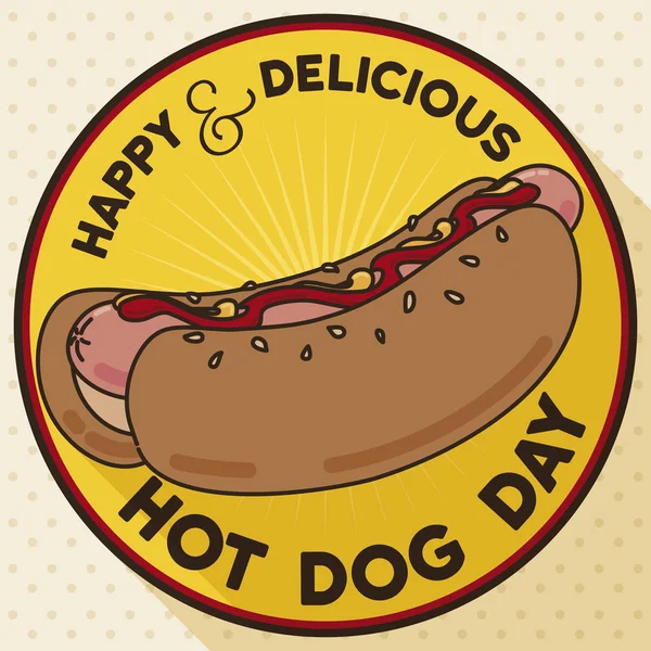 Pulsante con delizioso hot dog per celebrare il suo giorno, illustrazione vettoriale — Vettoriale Stock