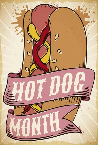 Retro design met hotdog en groeten linten voor Hot Dog, vector illustratie — Stockvector