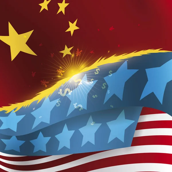 Confronto EUA e China bandeiras com faíscas devido a guerra comercial, ilustração vetorial — Vetor de Stock