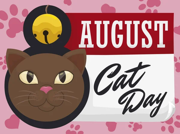 Calendrier avec visage de chat et cloche pour la Journée internationale du chat, Illustration vectorielle — Image vectorielle