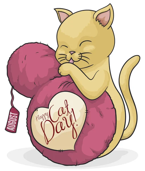 Niedliche Katze mit ihrem Wollspielzeug zum Tag der Katze, Vektor-Illustration — Stockvektor