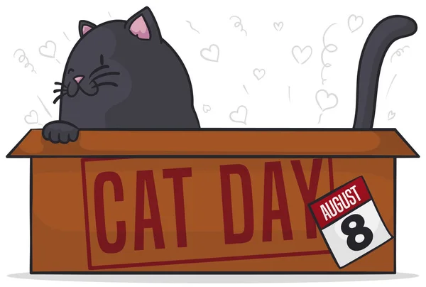 Kitty joue dans une boîte en carton pour célébrer la Journée du chat, Illustration vectorielle — Image vectorielle