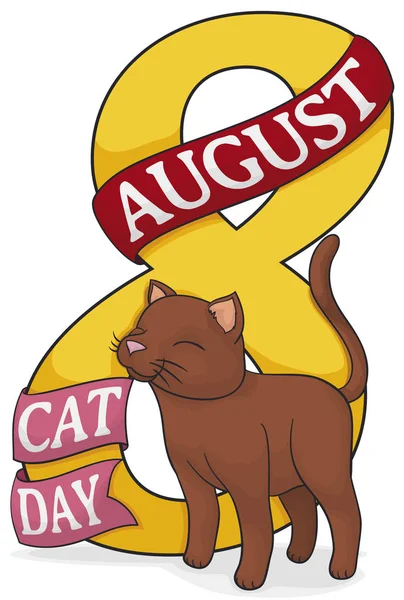 Gatito con número gigante "8" y cintas celebrando el Día del Gato, ilustración vectorial — Vector de stock