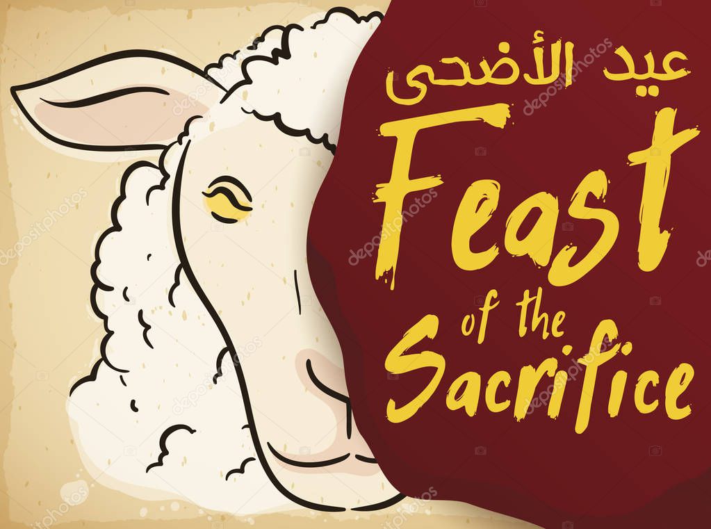 Scroll with Lamb Draw and Red Spot promoting Eid al-Adha, Vector Illustration