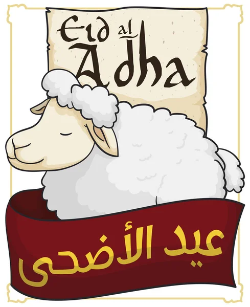 Schafe über Schriftrolle und Band für eid al-adha Festival, Vektorillustration — Stockvektor