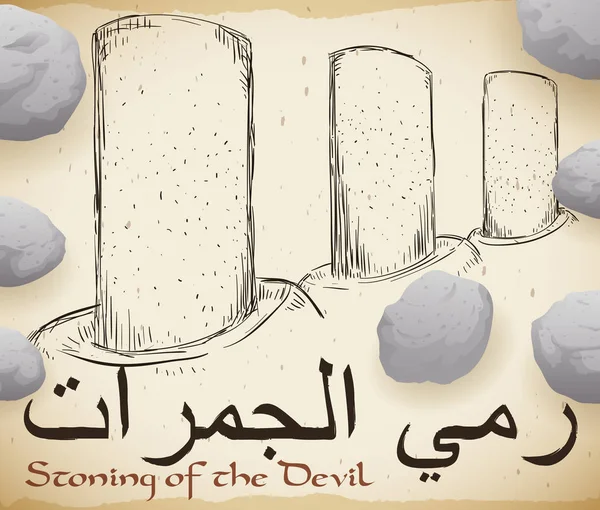 Ιερές κολώνες για τον λιθοβολισμό της τελετουργίας του διαβόλου κατά τη διάρκεια προσκύνημα Hajj, απεικόνιση διάνυσμα — Διανυσματικό Αρχείο