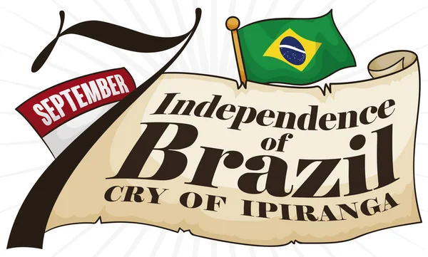 Rolagem, Bandeira e Calendário para comemorar o Dia da Independência do Brasil, ilustração vetorial —  Vetores de Stock