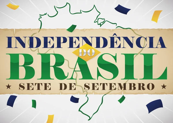 Saudação Sign over Map e Confetti Comemorando o Dia da Independência do Brasil, Ilustração vetorial — Vetor de Stock