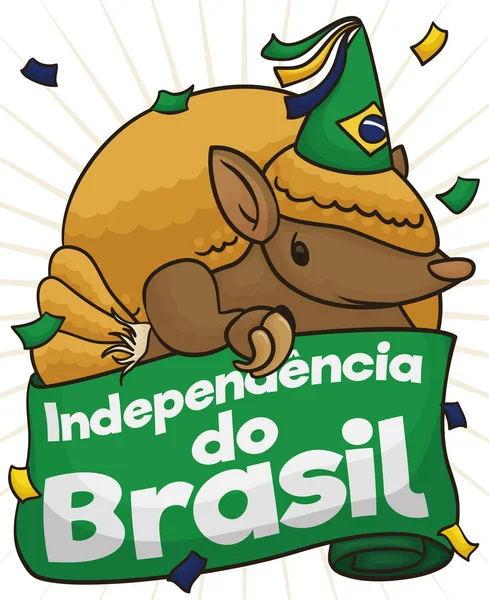 Fita de saudação e Armadillo prontos para festa do Dia da Independência do Brasil, ilustração vetorial — Vetor de Stock