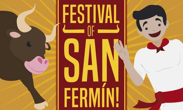 Touro e Spaniard que comemoram o Festival de San Fermin, ilustração do vetor —  Vetores de Stock