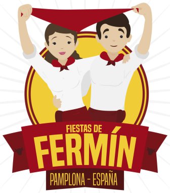 Spaniard Couple Celebrating San Fermin Festival over Ribbon, Vector Illustration