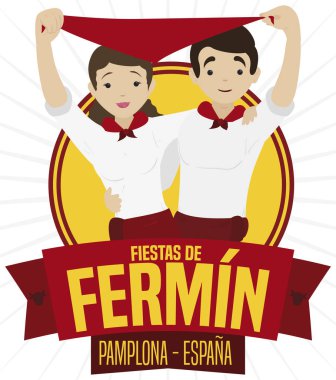 Spaniard Couple Celebrating San Fermin Festival over Ribbon, Vector Illustration clipart