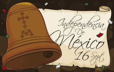 Bell and Scroll under Confetti Shower Promoting Mexican Independence Day, Vector Illustration clipart