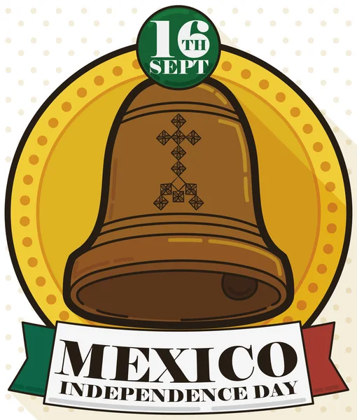 Круглая кнопка с колокольчиком и лентой ко Дню независимости Мексики, векторная иллюстрация — стоковый вектор