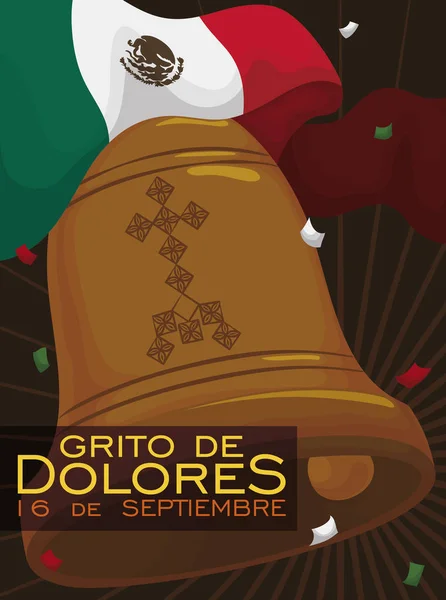 Campana con la bandera de México sonando durante el evento "Cry of Dolores", Vector Illustration — Vector de stock