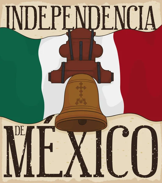 Drapeau mexicain et cloche défilent pour la fête de l'indépendance du Mexique, illustration vectorielle — Image vectorielle