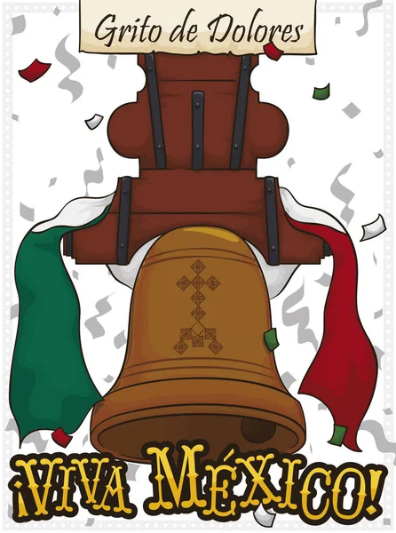 Botón redondo con campana y cinta para el Día de la Independencia Mexicana,  ilustración vectorial vector, gráfico vectorial © PenWin imagen #307473722
