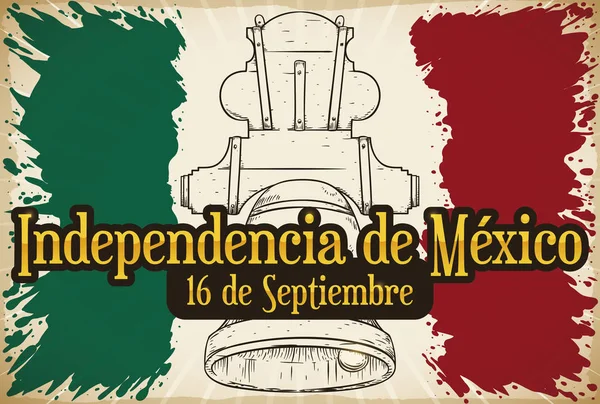 Desplácese con salpicaduras y sorteo de campana para el Día de la Independencia Mexicana, ilustración vectorial — Vector de stock