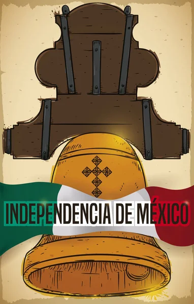Hidalgo 's Bell Draw and Flag promoviendo la celebración del Día de la Independencia Mexicana, Vector Illustration — Vector de stock