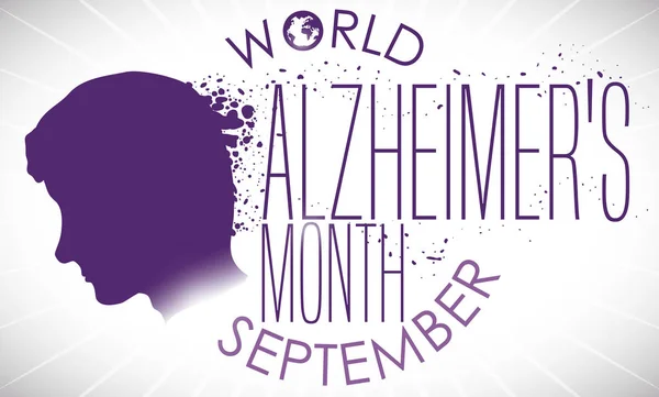 La silhouette della testa dell'uomo sbiadisce e promuove la commemorazione del mese di Alzheimer del mondo, illustrazione vettoriale — Vettoriale Stock