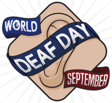 Dünya Sağır Günü 'nü Kutlamak için Kulak ve Kurdelelerle İmza, Vektör İllüstrasyonu