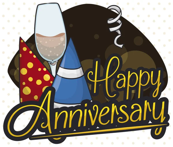 Buon anniversario con cappelli da festa e bicchiere di champagne, illustrazione vettoriale — Vettoriale Stock