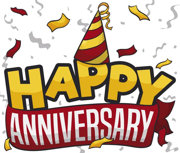 Party Hat, Ribbon and Confetti Celebrating a Happy Anniversary, Vector Illustration — стоковий вектор