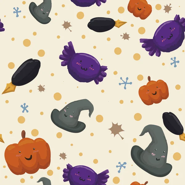 Cute Pattern with Pumpkins, Witch Hats, Candies and Pens, Vector Illustration — стоковий вектор