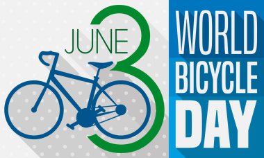 3 Haziran 'da Dünya Bisiklet Günü' nü kutlamak için düz stil ve uzun gölgeli pankart ve hatırlatıcı tarih.