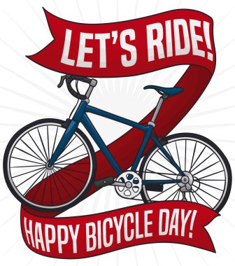 Etrafında kırmızı kurdeleler olan bisiklet, bisiklet sürmeye ve mutlu bir bisiklet gününü kutlamaya davet ediyor..