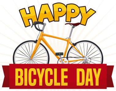 Sarı bisikletli hatıra tasarımı, altın tabelası ve bisiklet gününü kutlamak için kurdele..