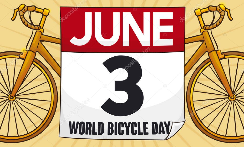 Banner with loose-leaf calendar and golden bikes ready to commemorate World Bicycle Day in June 3.