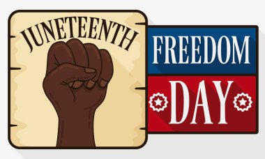 Commemorative banner in flat style and long shadow, with rounded square button like scroll with high up fist and greeting message with Juneteenth symbols to celebrate Freedom Day. clipart