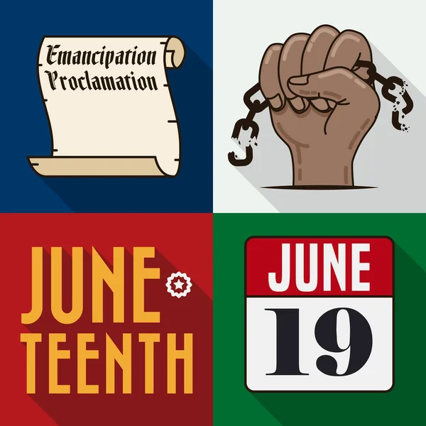 Symbolic Elements Celebrate Juneteenth Event Emancipation Proclamation Scroll Fist Breaking — Stock Vector