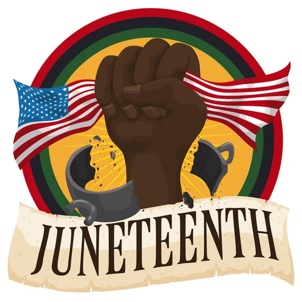 Pan-Afrika renkleriyle yuvarlak düğme, selamlama tomarı, pranga kırmak ve ABD bayrağını tutmak, Haziran kutlamalarında kölelerin özgürlüğünü sembolize ediyor..