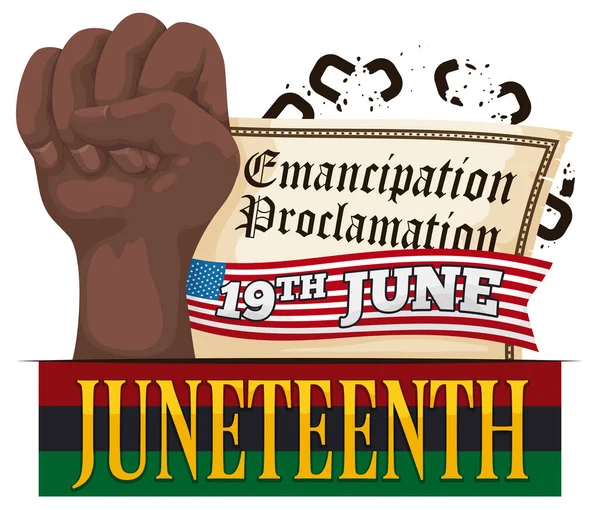 Iconic Emancipation Proclamation United States Scroll Dark Skinned Fist High — Stock Vector