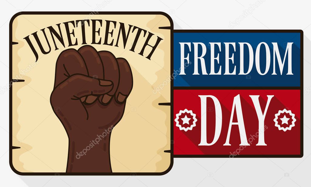 Commemorative banner in flat style and long shadow, with rounded square button like scroll with high up fist and greeting message with Juneteenth symbols to celebrate Freedom Day.