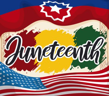 Üzerinde boya lekesi gibi Afrika renkleri olan parşömenler, etrafında ABD ve Haziran bayrakları, ve Amerikan özgürlüğünün bu özel tarihini kutlamak için selamlıyorlar..