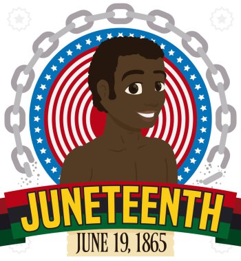 Pan-Amerikan bayrağı, parşömeni, Amerikan tasarımı ve kırık zincirleri olan mutlu Afro-Amerikan erkeği, 19 Haziran 'da yapılan anma töreninde özgürlüğü simgeliyor..