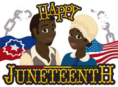 Mutlu Afro-Amerikalı çift Juneteenth 'i hatıra eşyalarıyla kutluyor: özgürlük sembolü olarak kırılan zincirler, tarihi yeniden canlandırmalar için geleneksel kıyafetler ve Haziran ve Amerikan bayrakları..