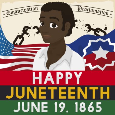 Amerika, Juneteenth, Pan-Afrika bayrakları ve kırılan zincirleri olan mutlu Afro-Amerikalı adam 19 Haziran 'daki bu kutlamada özgürlük anısına.