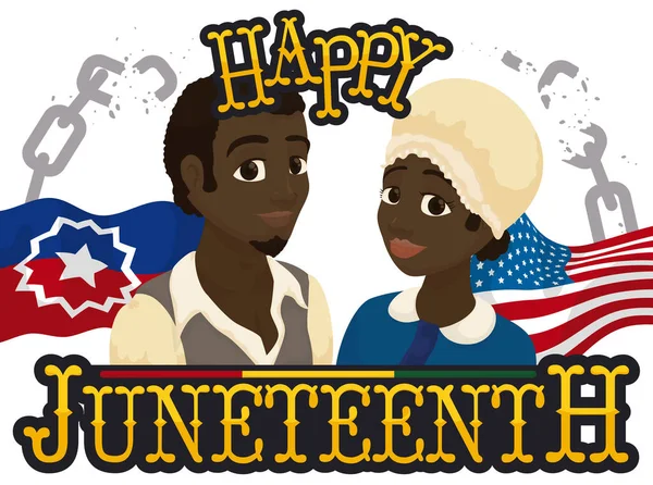 Feliz Pareja Afroamericana Celebrando Juneteenth Con Elementos Conmemorativos Cadenas Rotas — Vector de stock