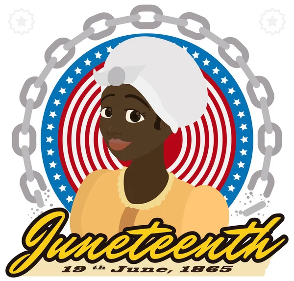 Feliz Mujer Afroamericana Con Fecha Recordatorio Pergamino Botón Patriótico Cadenas — Vector de stock